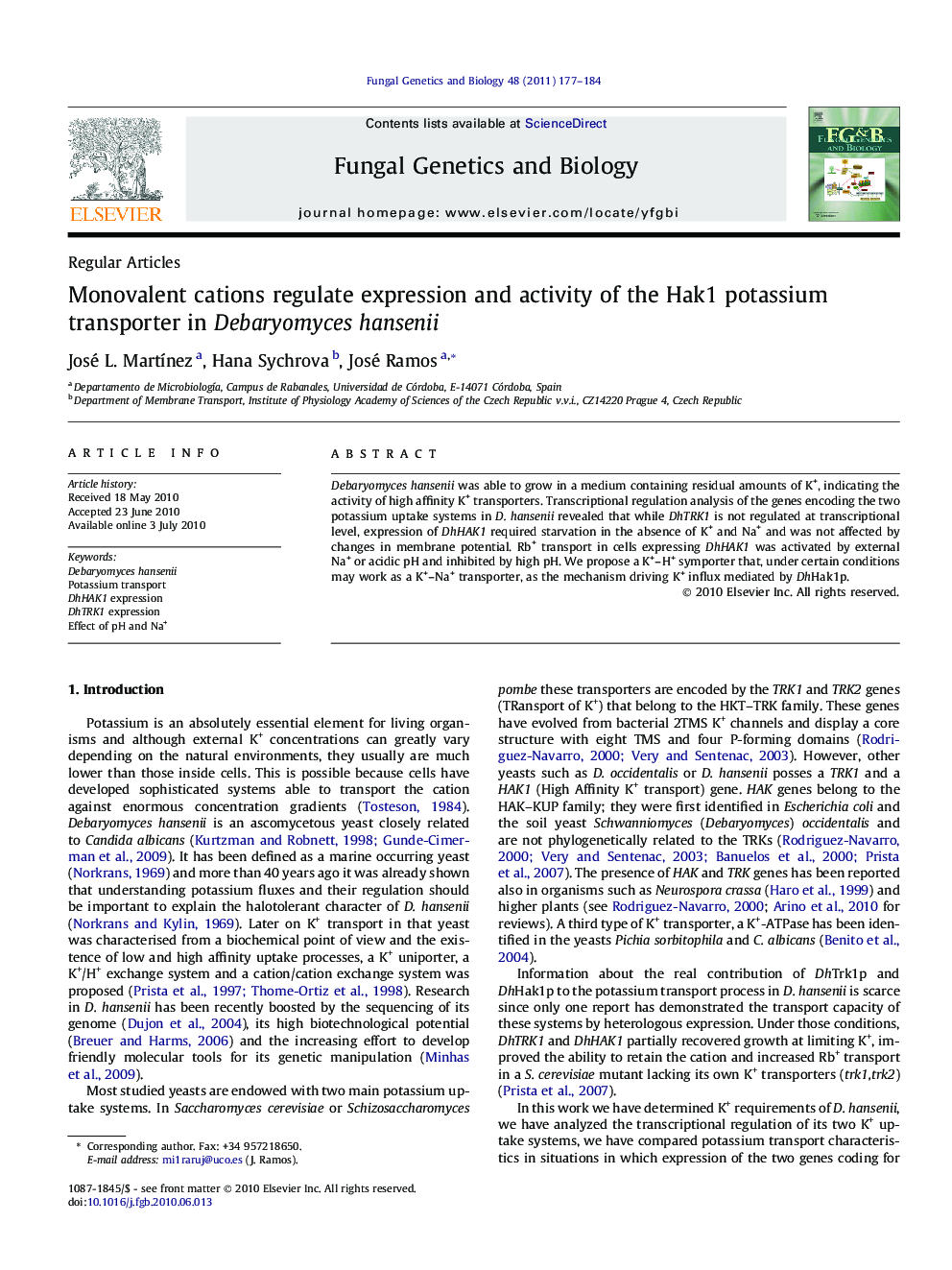 Monovalent cations regulate expression and activity of the Hak1 potassium transporter in Debaryomyces hansenii