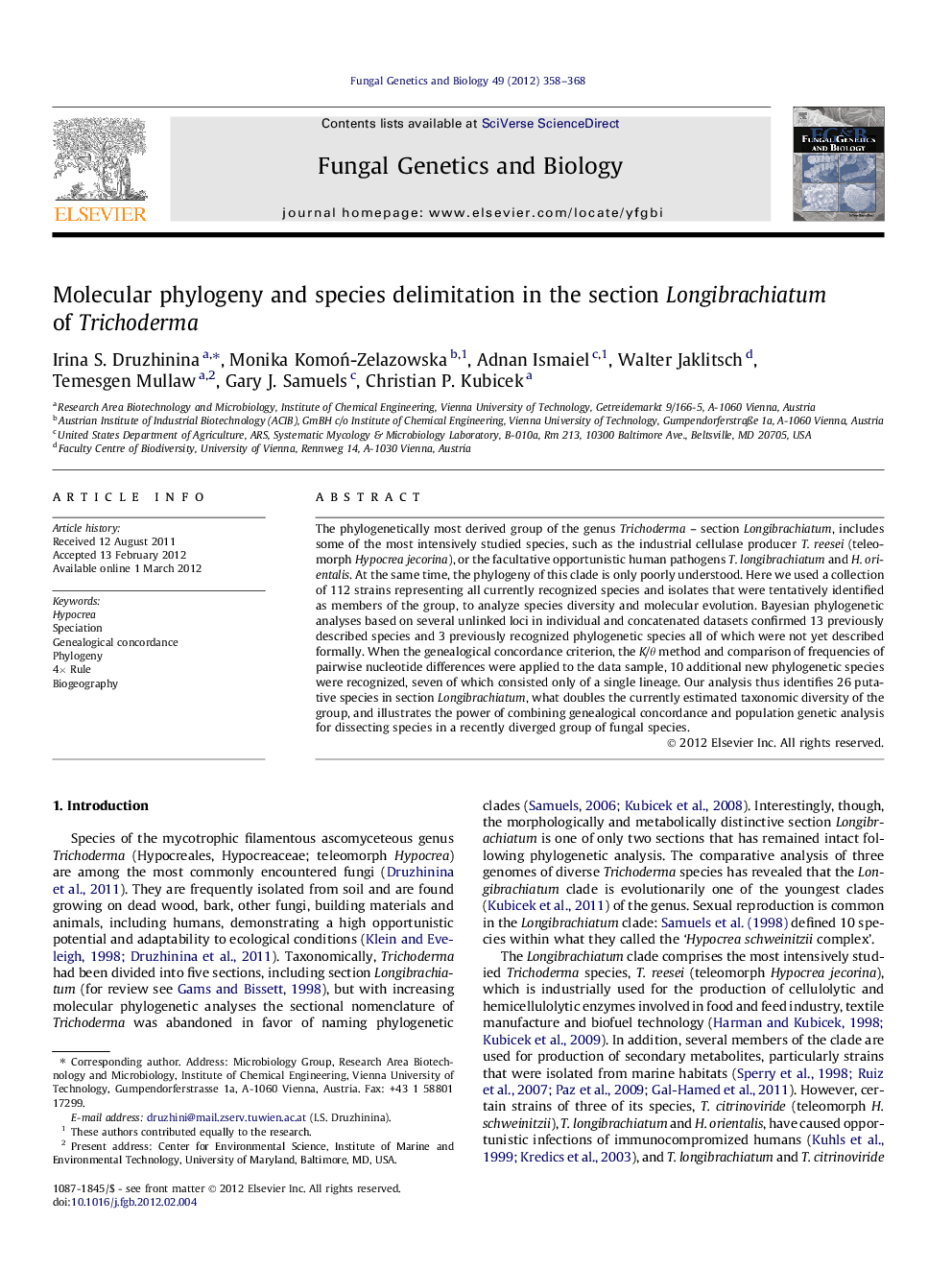 Molecular phylogeny and species delimitation in the section Longibrachiatum of Trichoderma