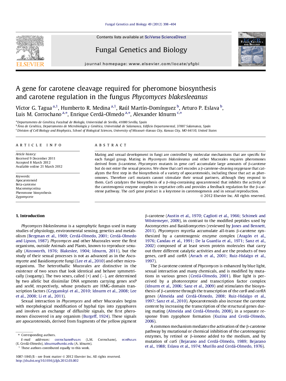 A gene for carotene cleavage required for pheromone biosynthesis and carotene regulation in the fungus Phycomyces blakesleeanus