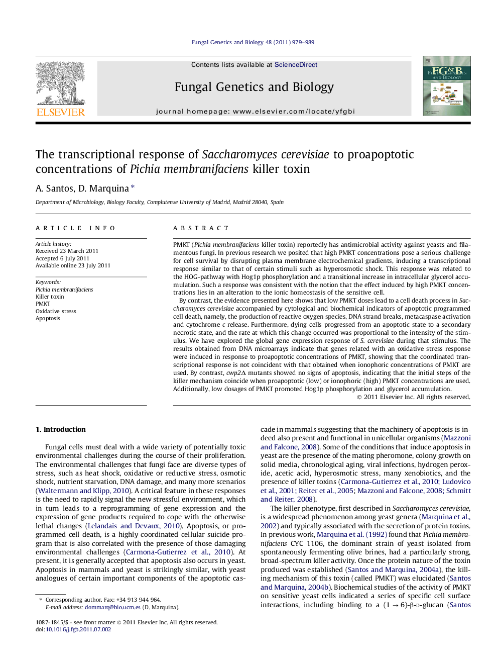 The transcriptional response of Saccharomyces cerevisiae to proapoptotic concentrations of Pichia membranifaciens killer toxin