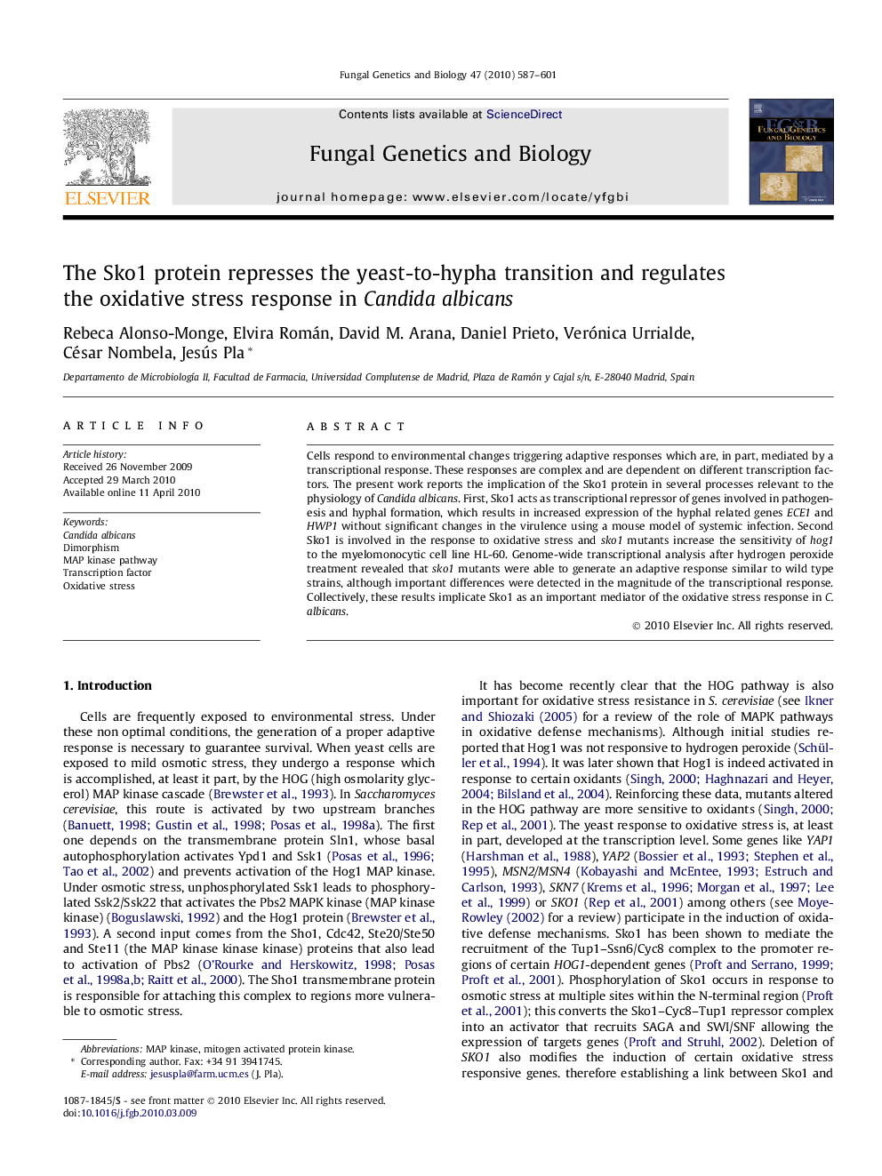 The Sko1 protein represses the yeast-to-hypha transition and regulates the oxidative stress response in Candida albicans