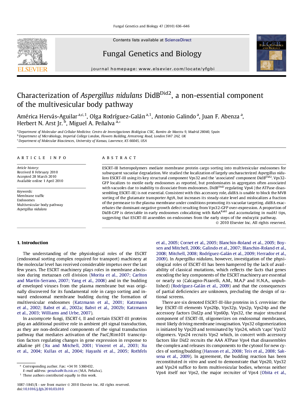 Characterization of Aspergillus nidulans DidBDid2, a non-essential component of the multivesicular body pathway