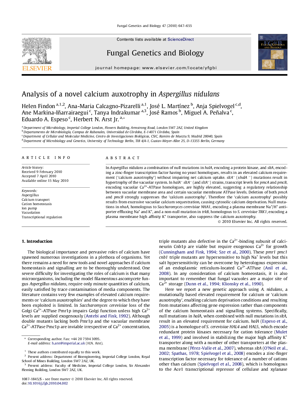 Analysis of a novel calcium auxotrophy in Aspergillus nidulans