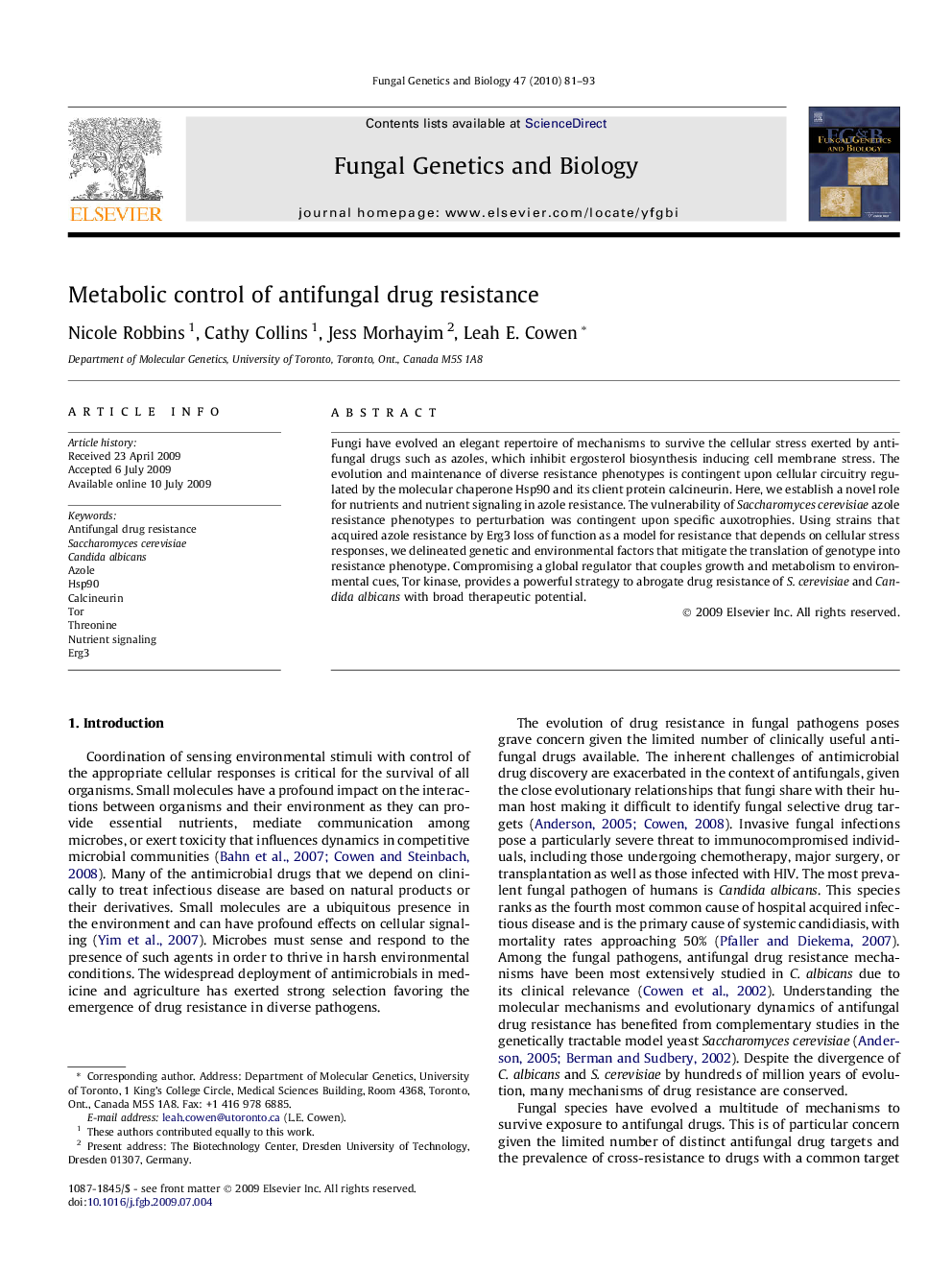 Metabolic control of antifungal drug resistance