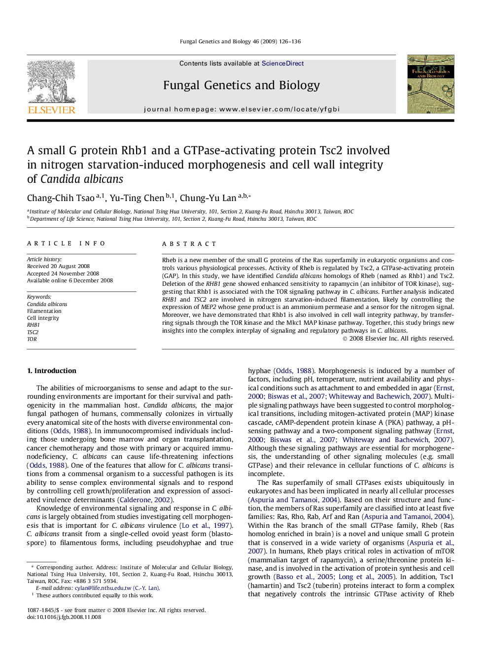 A small G protein Rhb1 and a GTPase-activating protein Tsc2 involved in nitrogen starvation-induced morphogenesis and cell wall integrity of Candida albicans