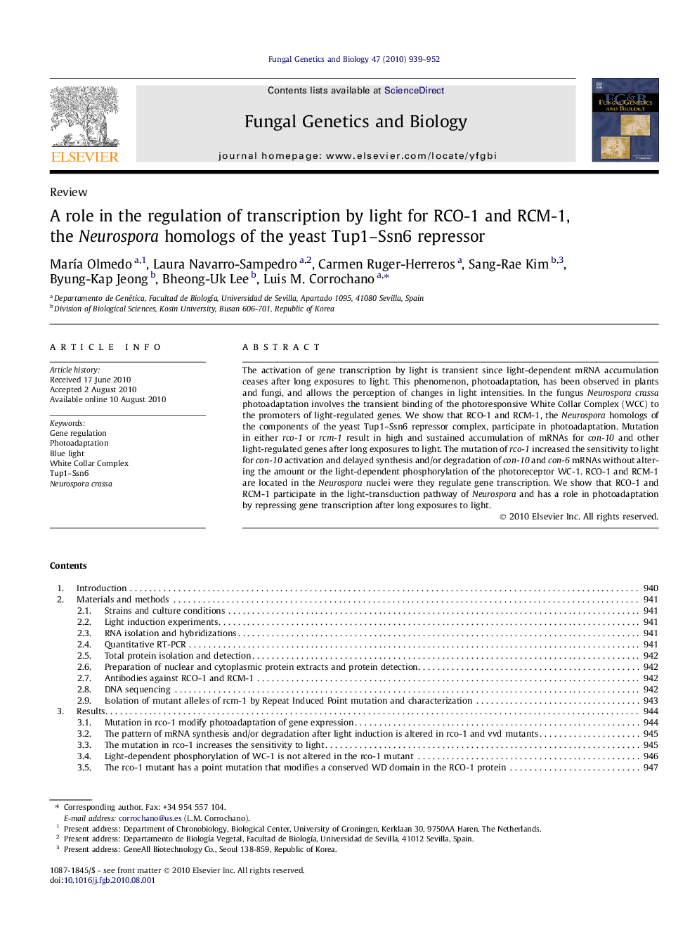 عکس صفحه اول مقاله: A role in the regulation of transcription by light for RCO-1 and RCM-1, the Neurospora homologs of the yeast Tup1-Ssn6 repressor A role in the regulation of transcription by light for RCO-1 and RCM-1, the Neurospora homologs of the yeast Tup1-Ssn6 repressor
