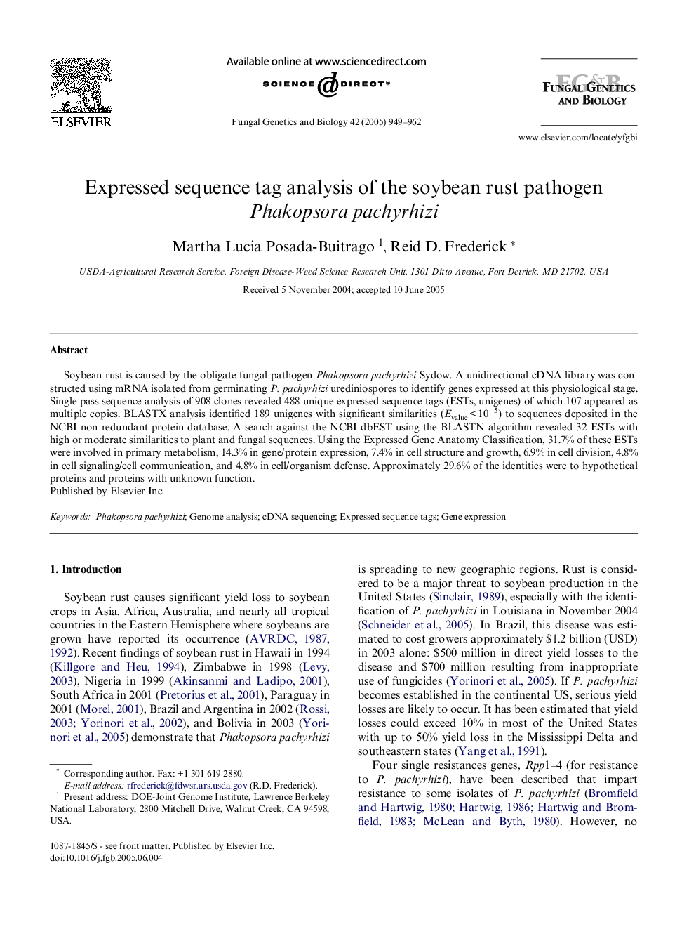 Expressed sequence tag analysis of the soybean rust pathogen Phakopsora pachyrhizi