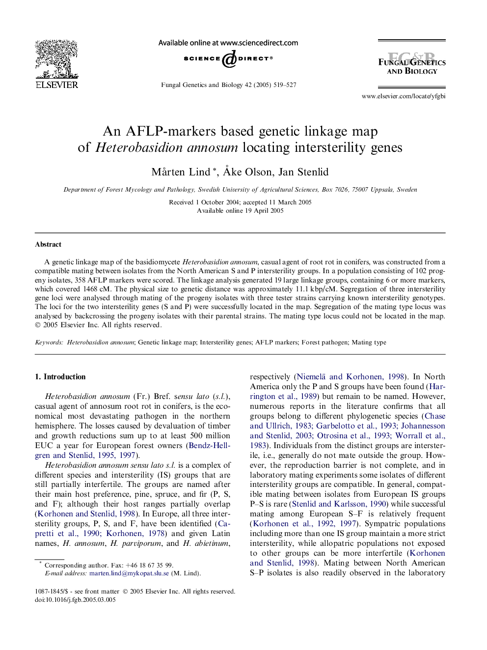 An AFLP-markers based genetic linkage map of Heterobasidion annosum locating intersterility genes