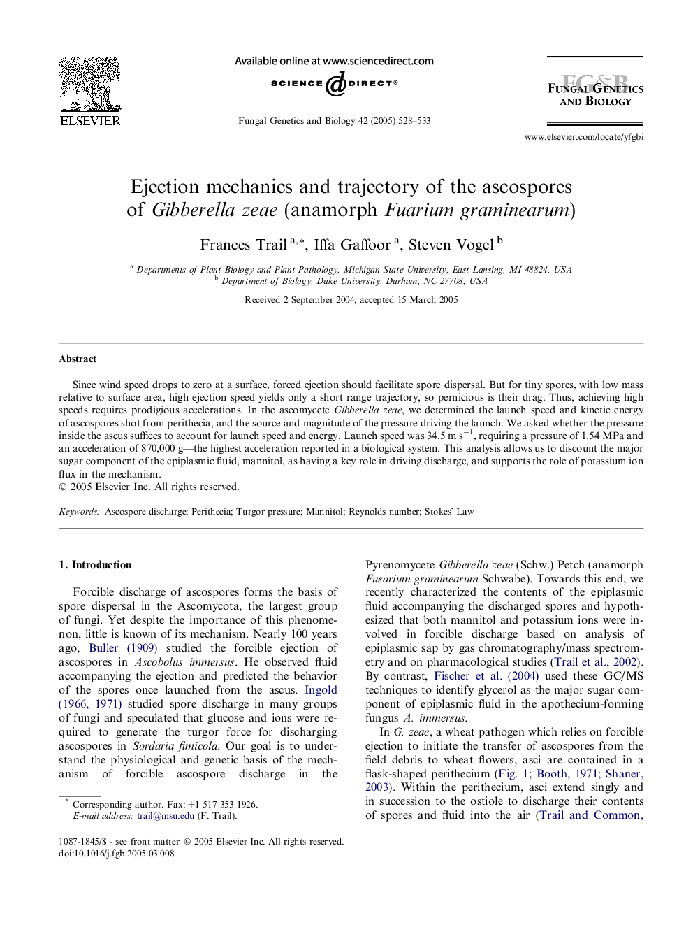 Ejection mechanics and trajectory of the ascospores of Gibberella zeae (anamorph Fuarium graminearum)