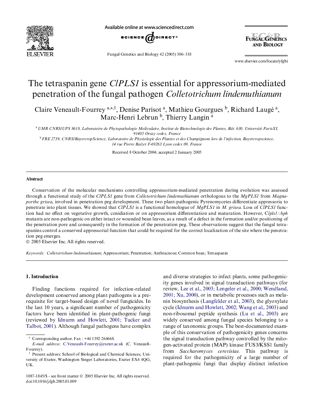 The tetraspanin gene ClPLS1 is essential for appressorium-mediated penetration of the fungal pathogen Colletotrichum lindemuthianum