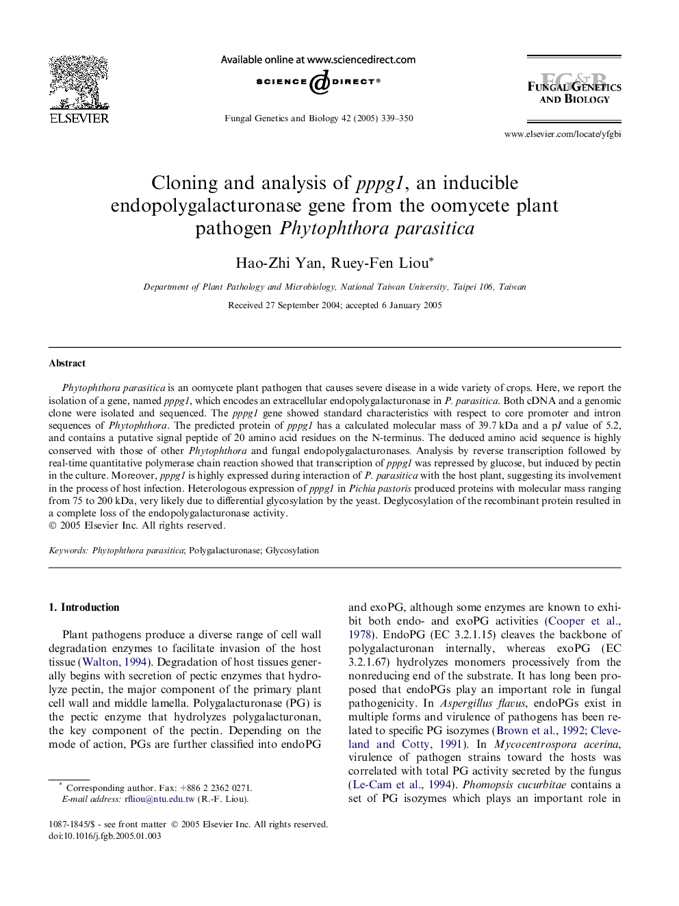 Cloning and analysis of pppg1, an inducible endopolygalacturonase gene from the oomycete plant pathogen Phytophthora parasitica