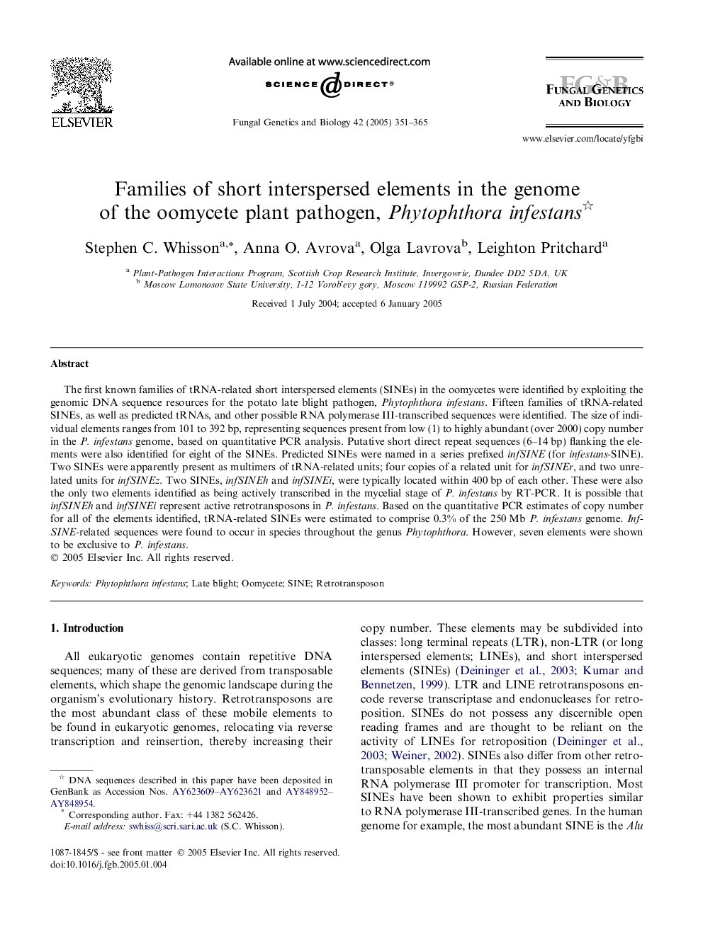 Families of short interspersed elements in the genome of the oomycete plant pathogen, Phytophthora infestans