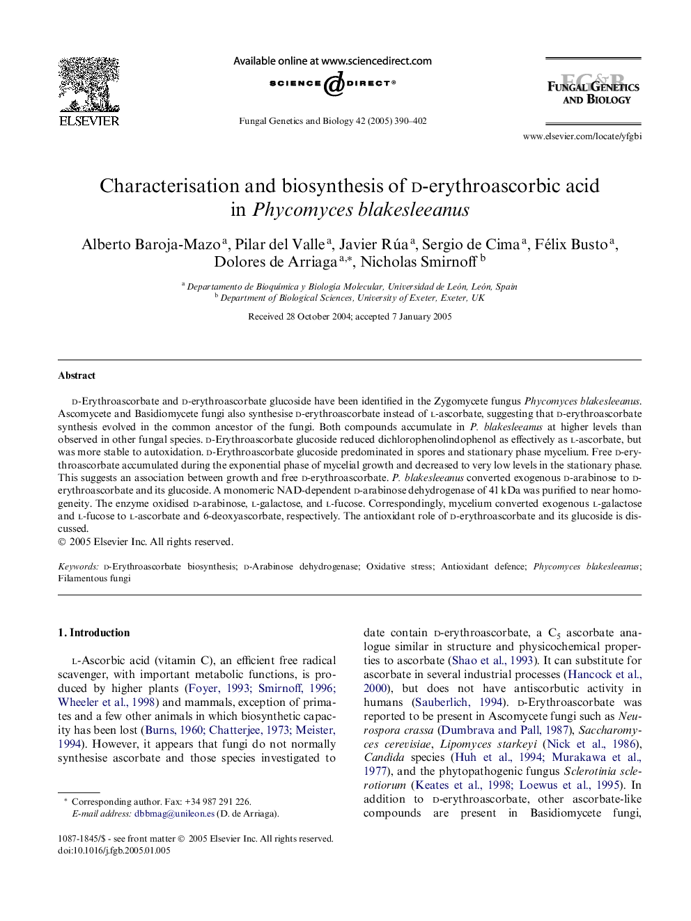 Characterisation and biosynthesis of d-erythroascorbic acid in Phycomyces blakesleeanus