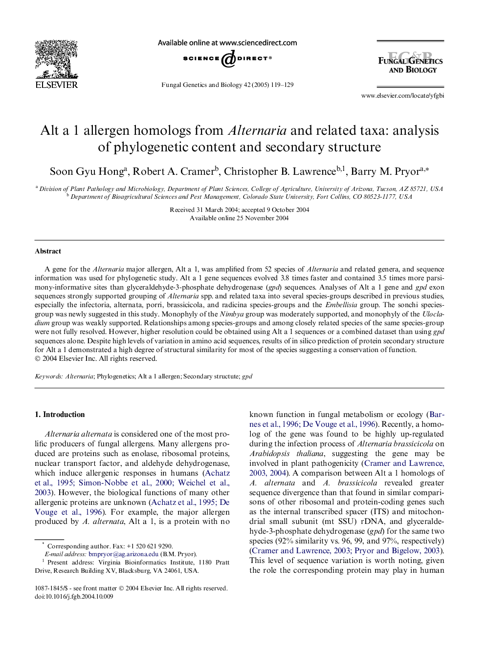 Alt a 1 allergen homologs from Alternaria and related taxa: analysis of phylogenetic content and secondary structure