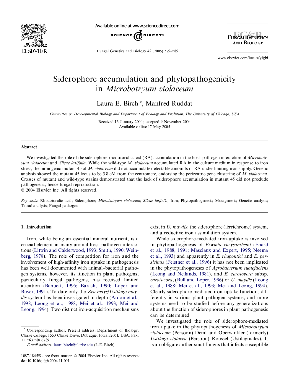 Siderophore accumulation and phytopathogenicity in Microbotryum violaceum