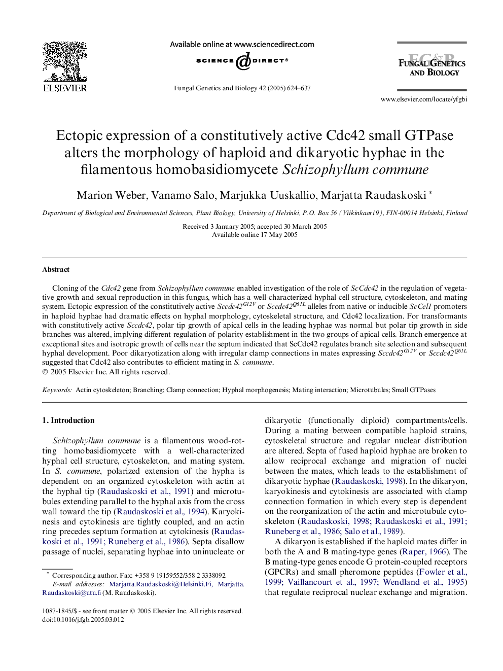 Ectopic expression of a constitutively active Cdc42 small GTPase alters the morphology of haploid and dikaryotic hyphae in the filamentous homobasidiomycete Schizophyllum commune