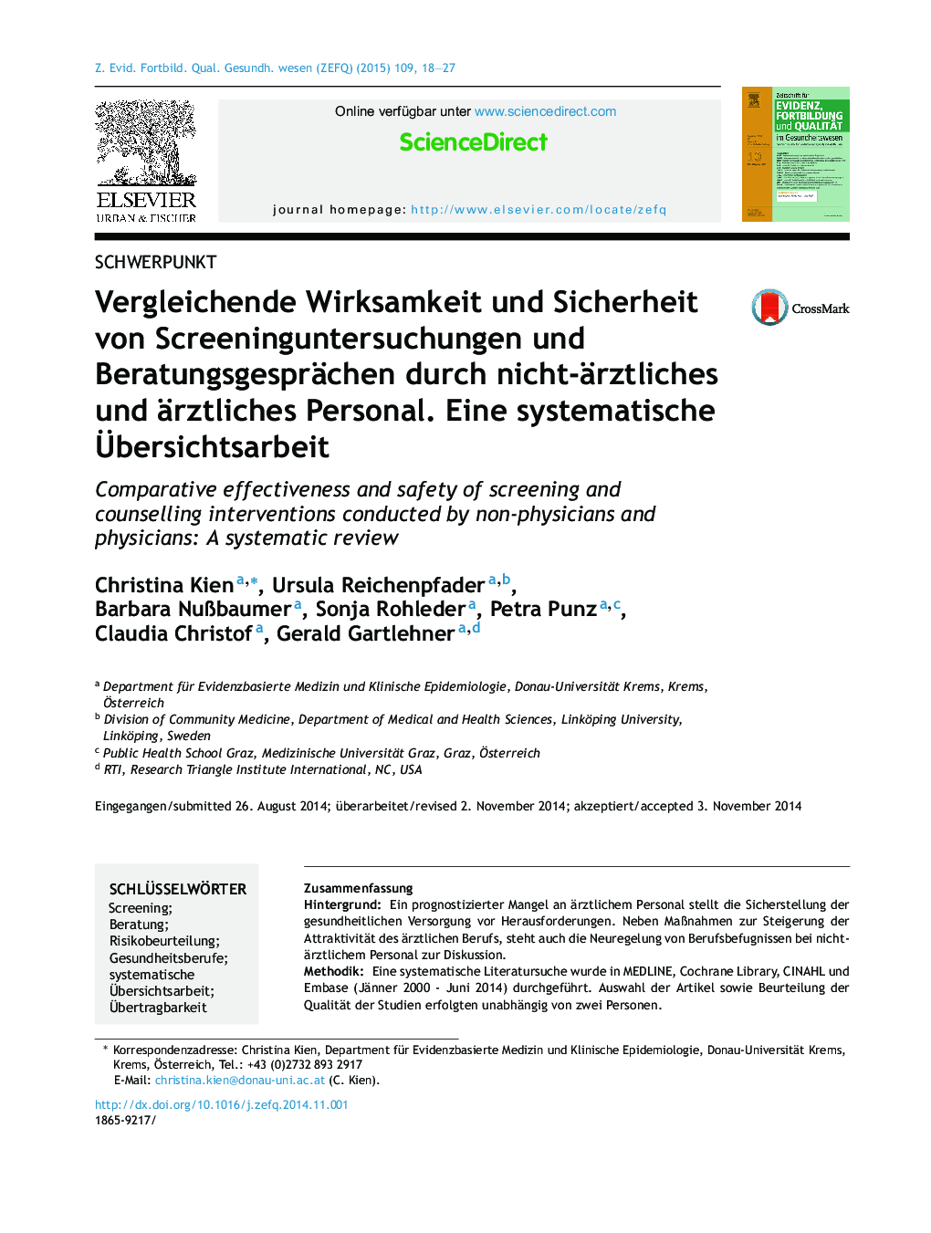 Vergleichende Wirksamkeit und Sicherheit von Screeninguntersuchungen und Beratungsgesprächen durch nicht-ärztliches und ärztliches Personal. Eine systematische Übersichtsarbeit