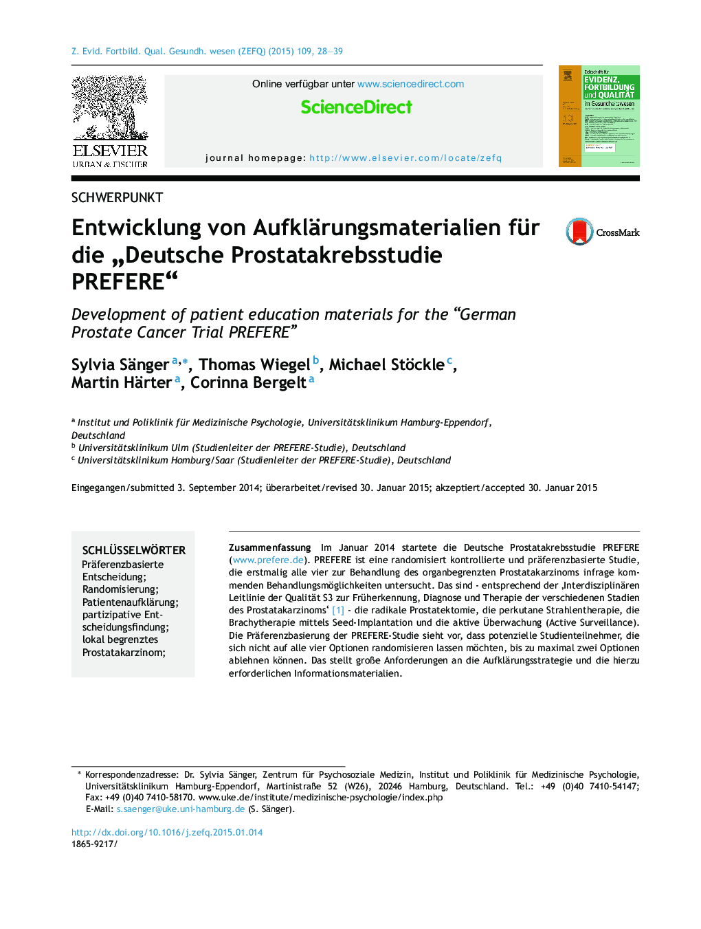 Entwicklung von Aufklärungsmaterialien für die „Deutsche Prostatakrebsstudie PREFERE“