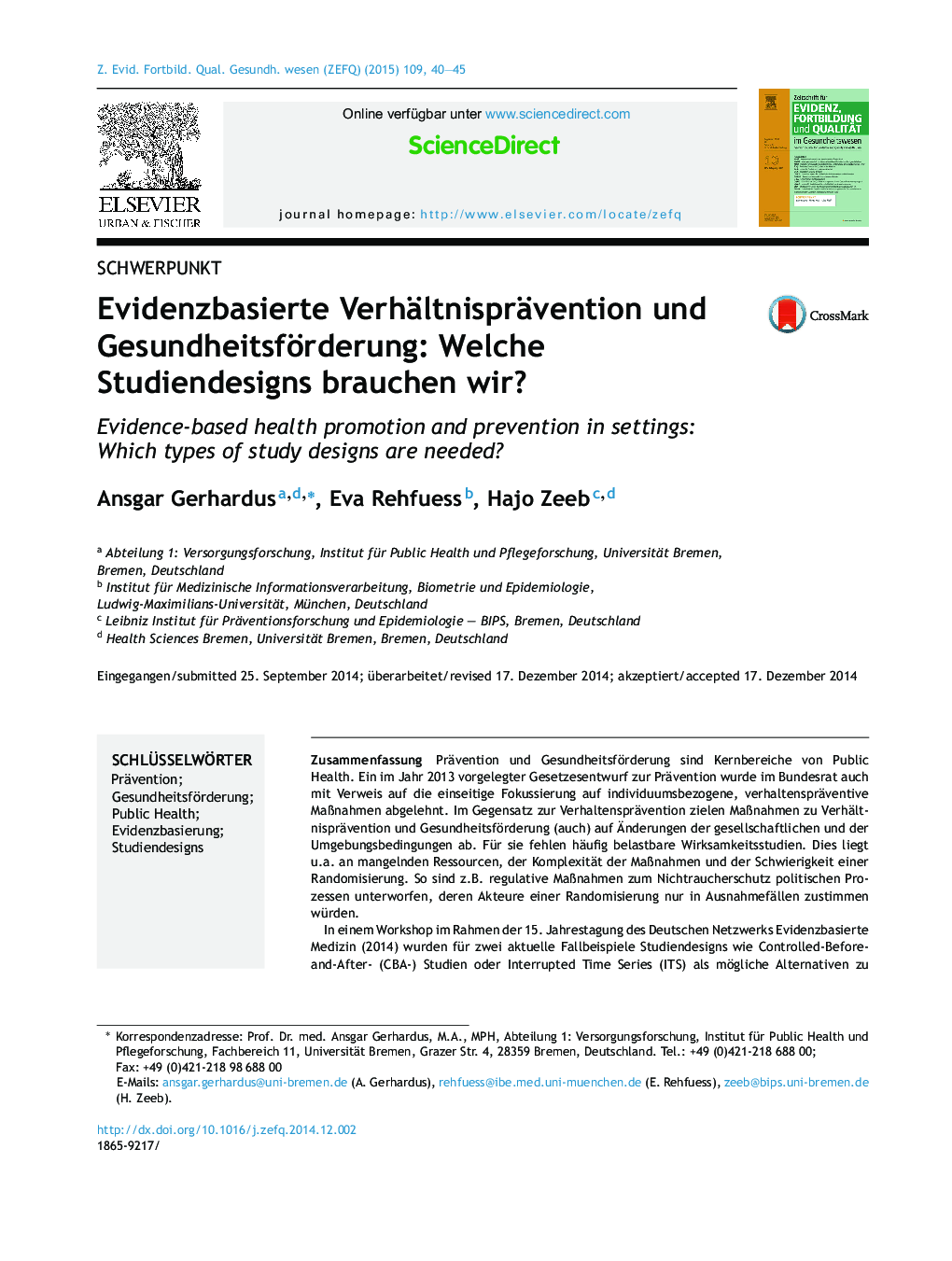 Evidenzbasierte Verhältnisprävention und Gesundheitsförderung: Welche Studiendesigns brauchen wir?