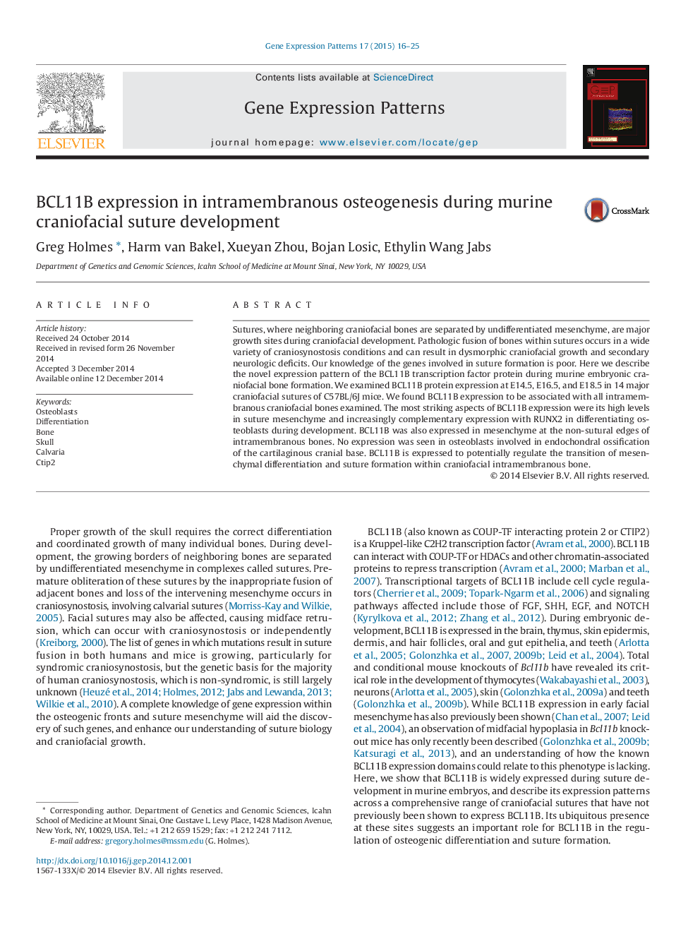 BCL11B expression in intramembranous osteogenesis during murine craniofacial suture development