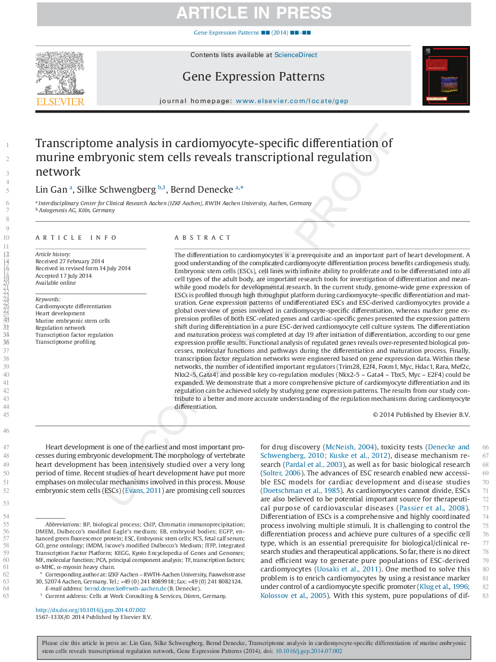 Transcriptome analysis in cardiomyocyte-specific differentiation of murine embryonic stem cells reveals transcriptional regulation network