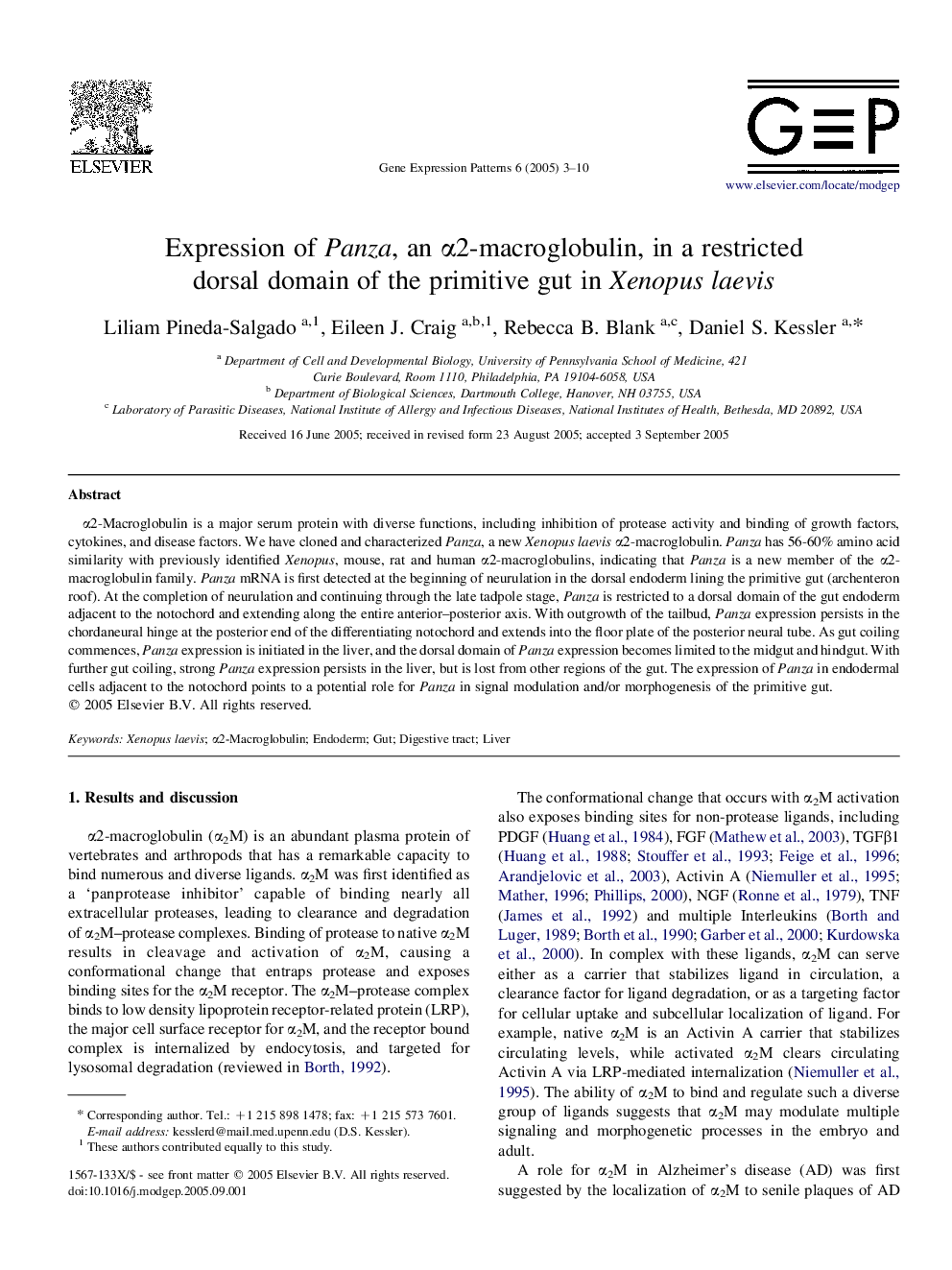 عکس صفحه اول مقاله: Expression of Panza, an α2-macroglobulin, in a restricted dorsal domain of the primitive gut in Xenopus laevis Expression of Panza, an α2-macroglobulin, in a restricted dorsal domain of the primitive gut in Xenopus laevis