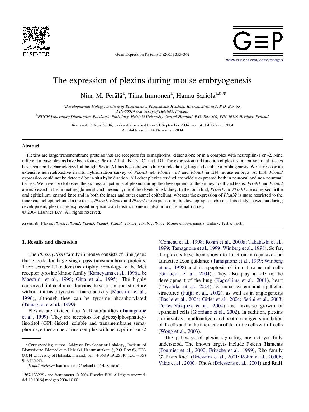 The expression of plexins during mouse embryogenesis