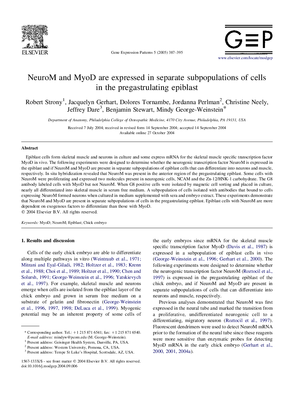 NeuroM and MyoD are expressed in separate subpopulations of cells in the pregastrulating epiblast