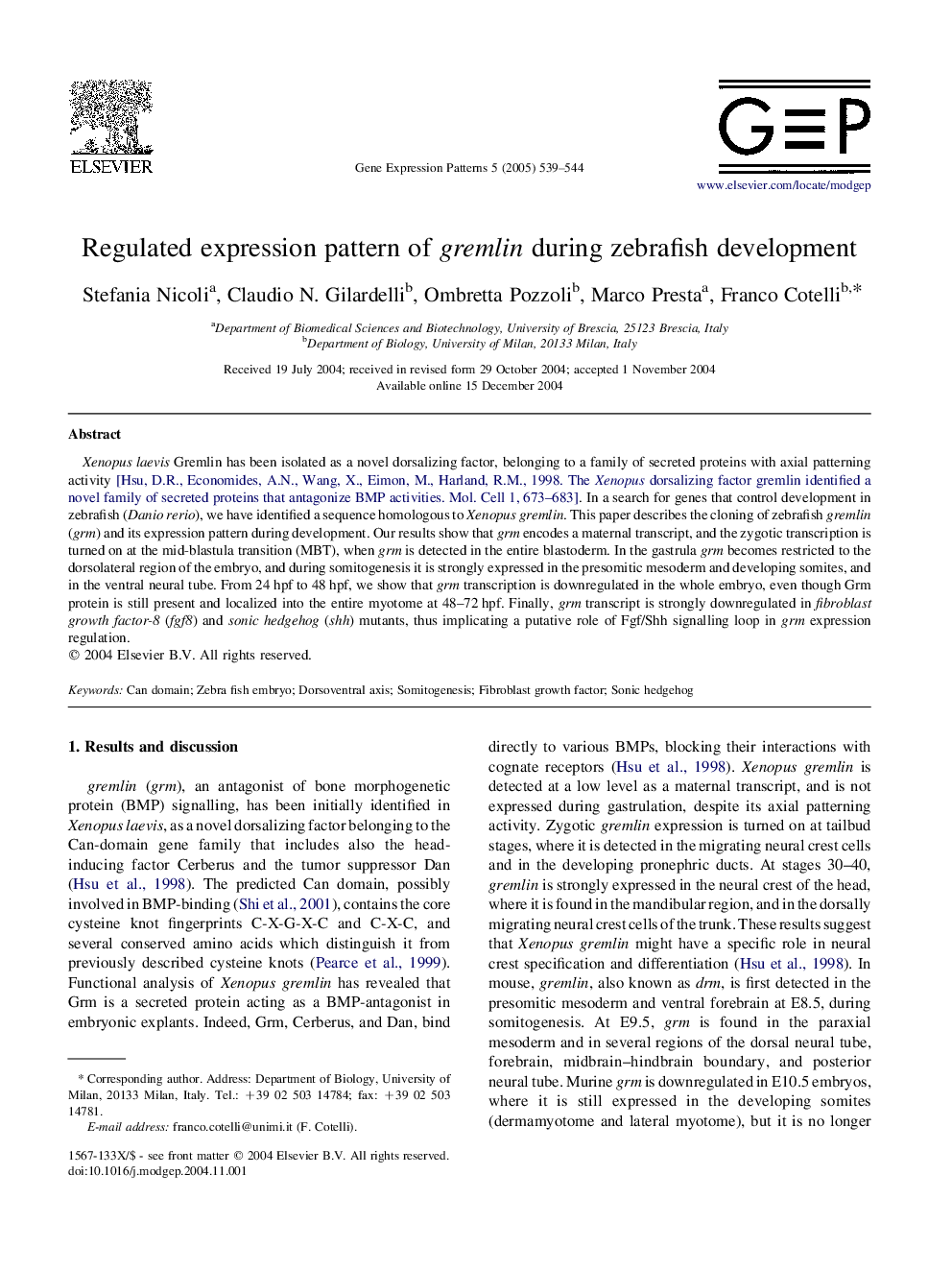 Regulated expression pattern of gremlin during zebrafish development