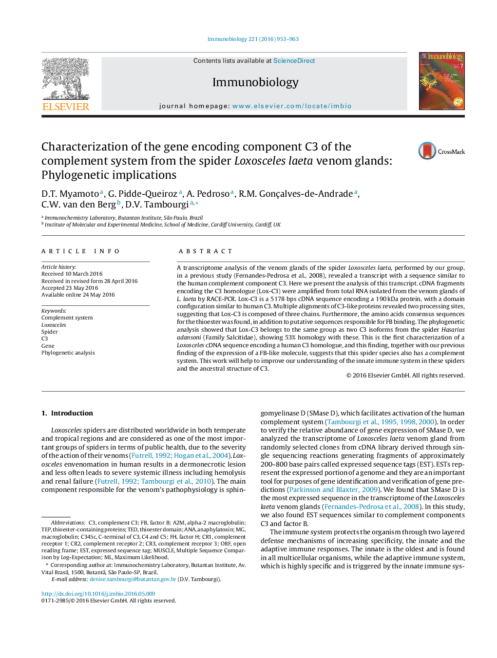 Characterization of the gene encoding component C3 of the complement system from the spider Loxosceles laeta venom glands: Phylogenetic implications