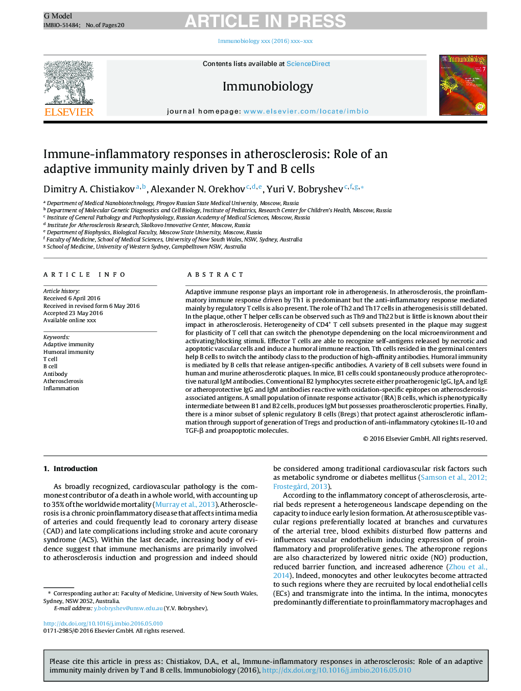 Immune-inflammatory responses in atherosclerosis: Role of an adaptive immunity mainly driven by T and B cells