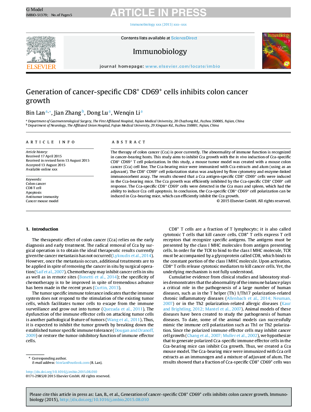 Generation of cancer-specific CD8+ CD69+ cells inhibits colon cancer growth