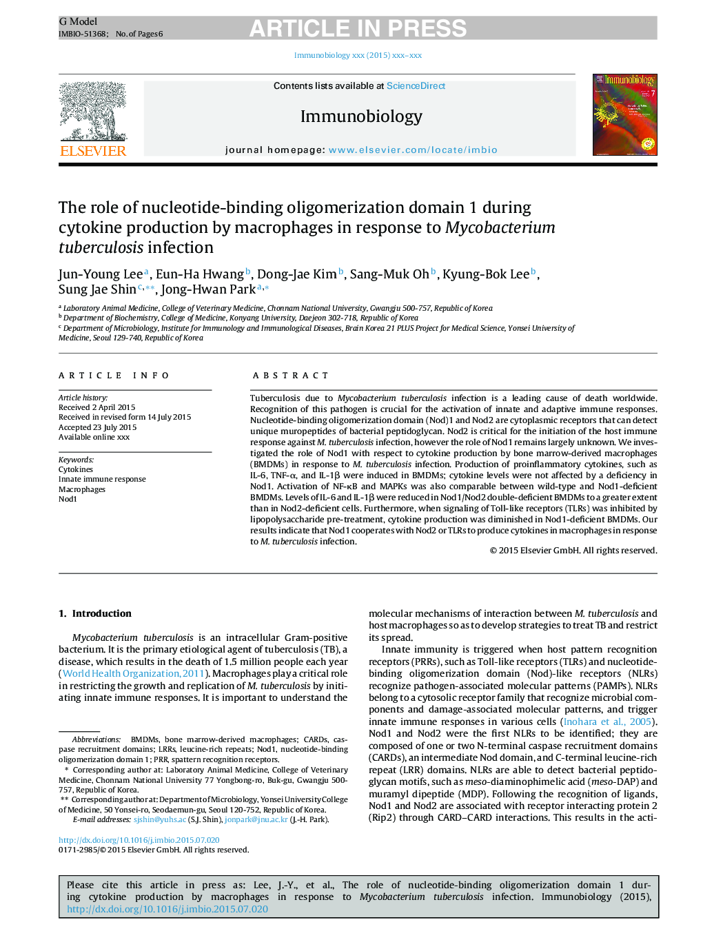 The role of nucleotide-binding oligomerization domain 1 during cytokine production by macrophages in response to Mycobacterium tuberculosis infection