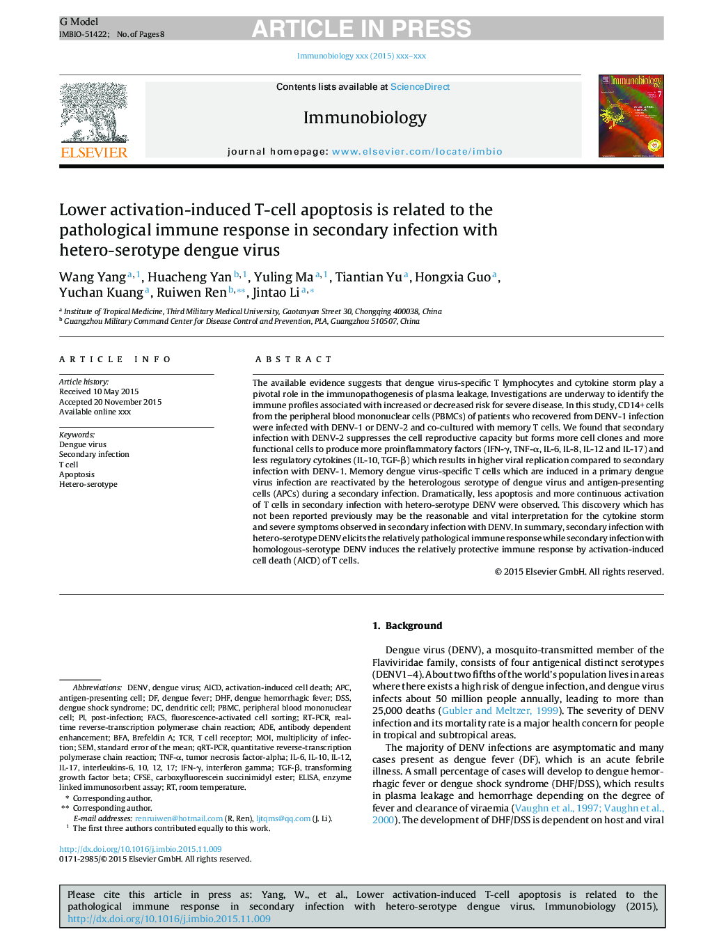 Lower activation-induced T-cell apoptosis is related to the pathological immune response in secondary infection with hetero-serotype dengue virus