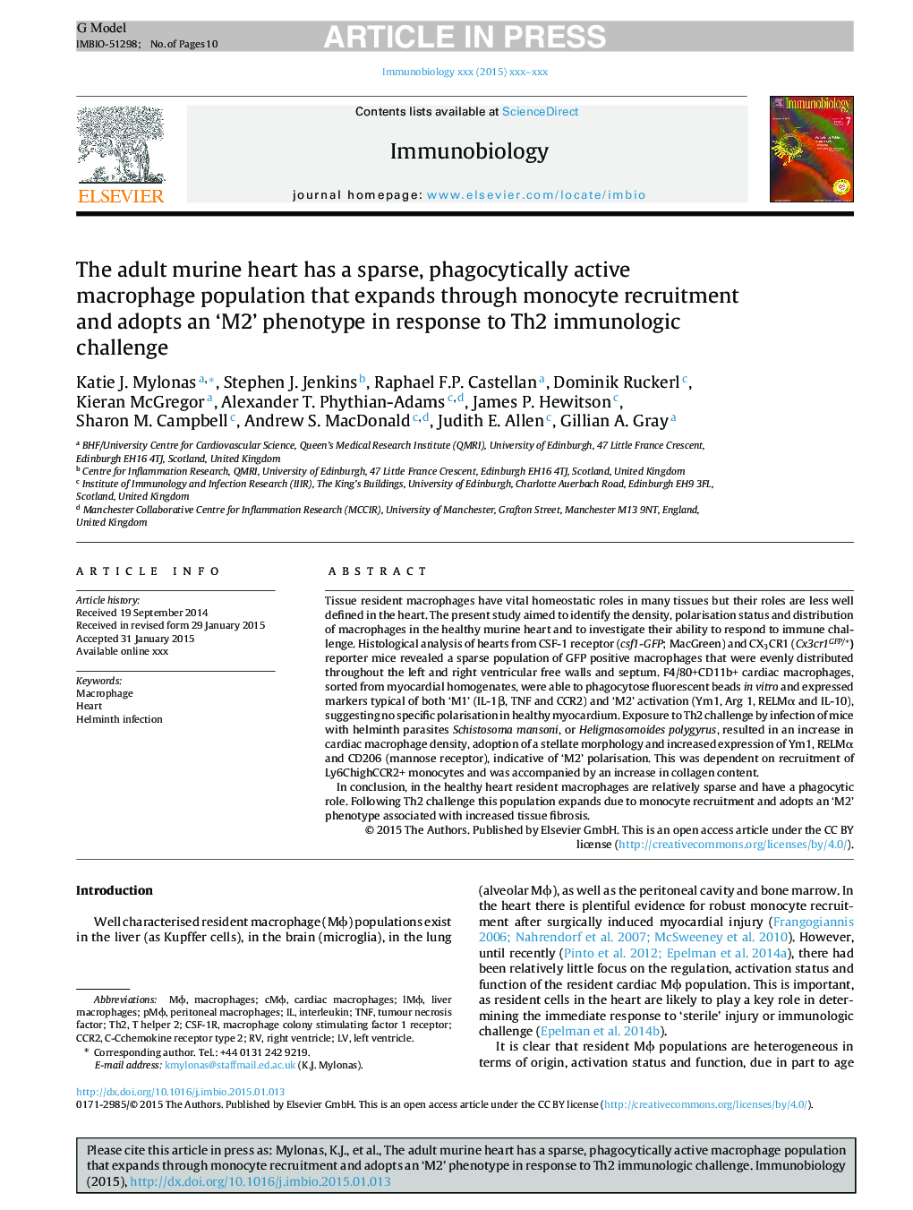 The adult murine heart has a sparse, phagocytically active macrophage population that expands through monocyte recruitment and adopts an 'M2' phenotype in response to Th2 immunologic challenge