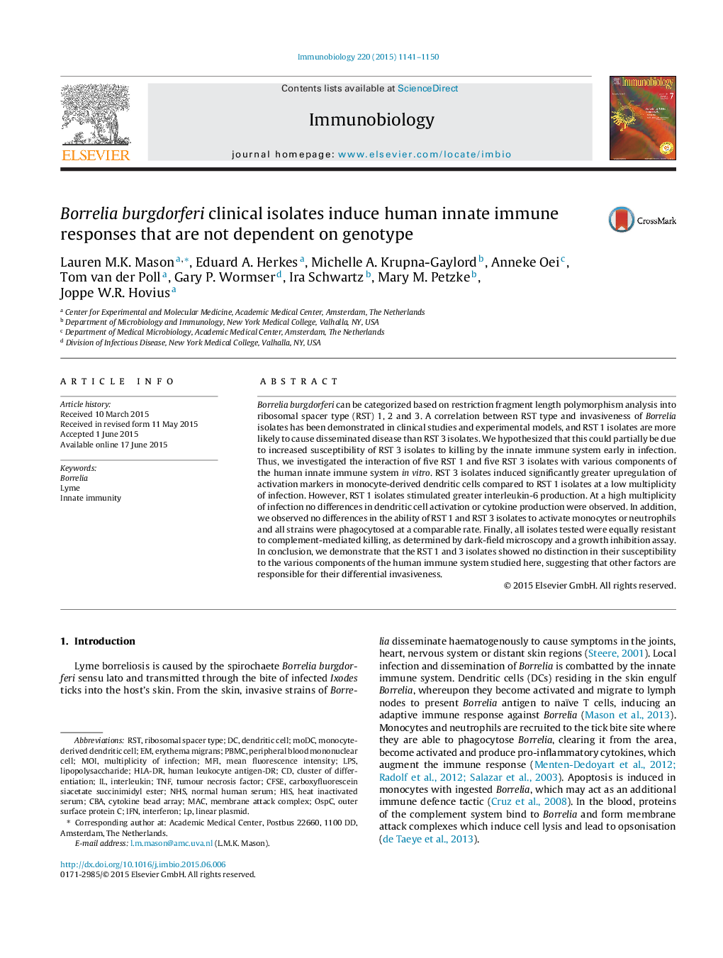 Borrelia burgdorferi clinical isolates induce human innate immune responses that are not dependent on genotype