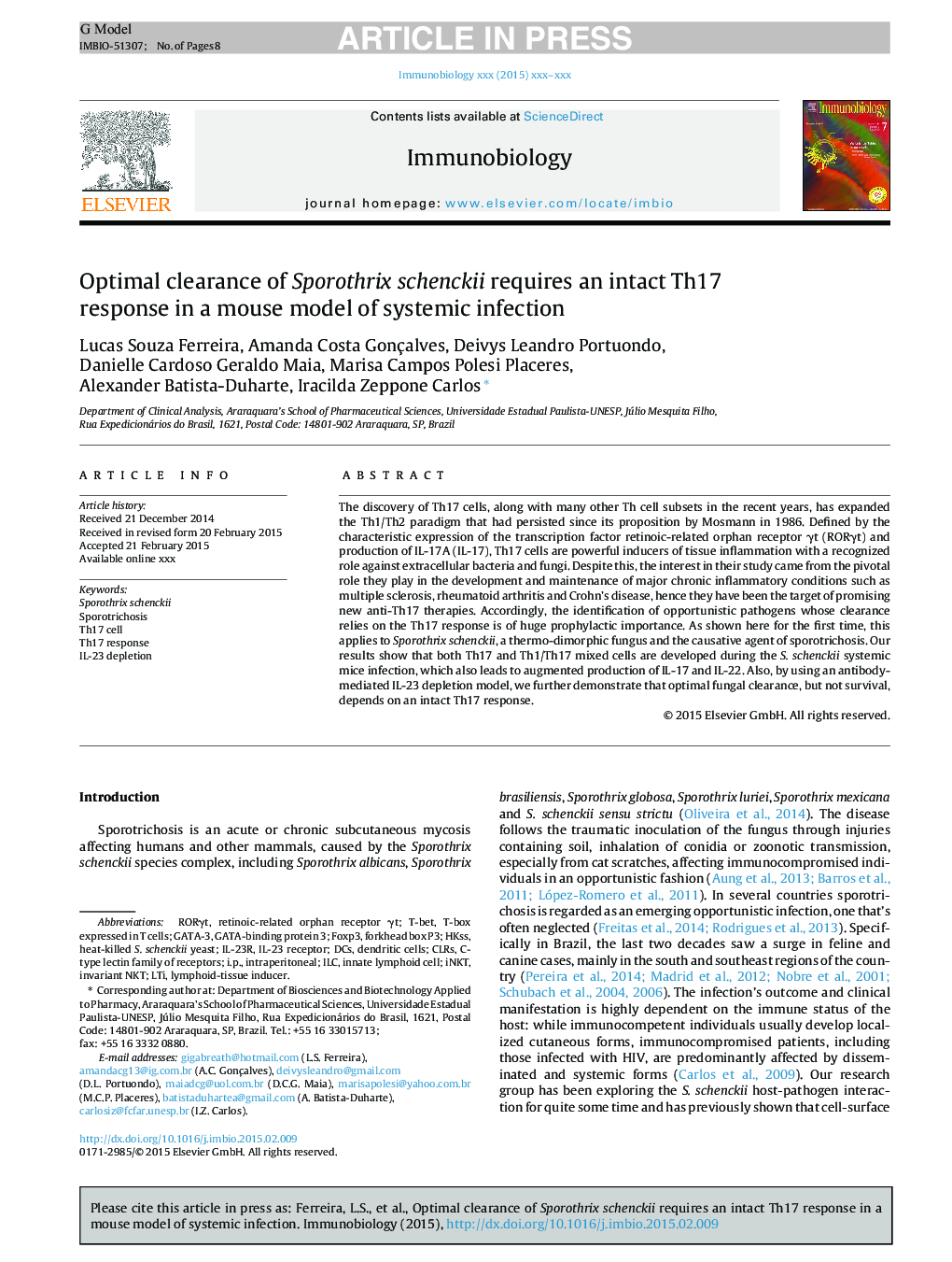 Optimal clearance of Sporothrix schenckii requires an intact Th17 response in a mouse model of systemic infection