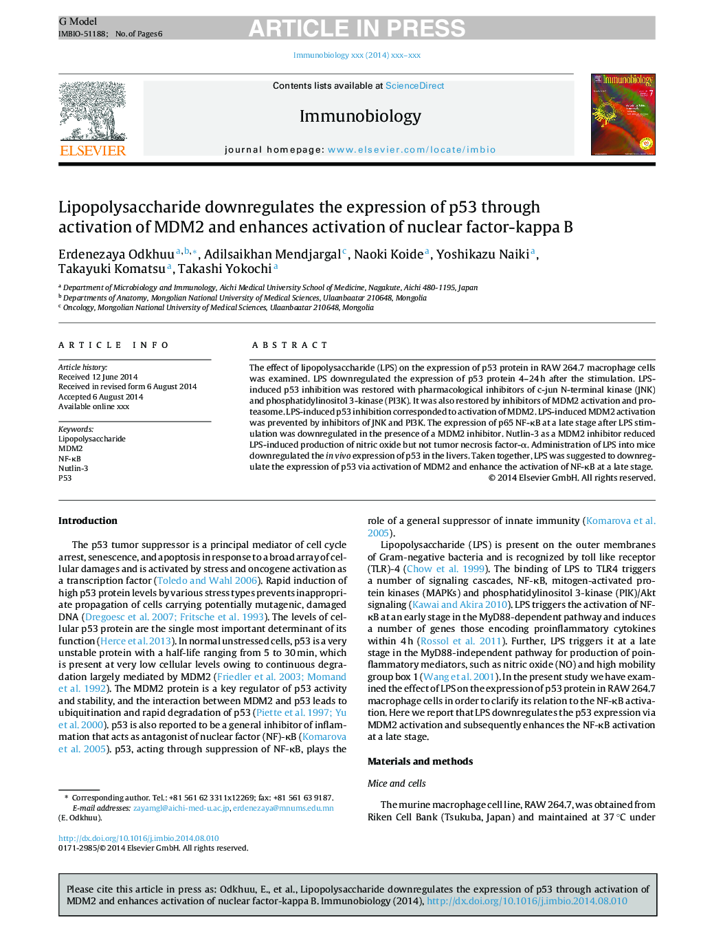 Lipopolysaccharide downregulates the expression of p53 through activation of MDM2 and enhances activation of nuclear factor-kappa B