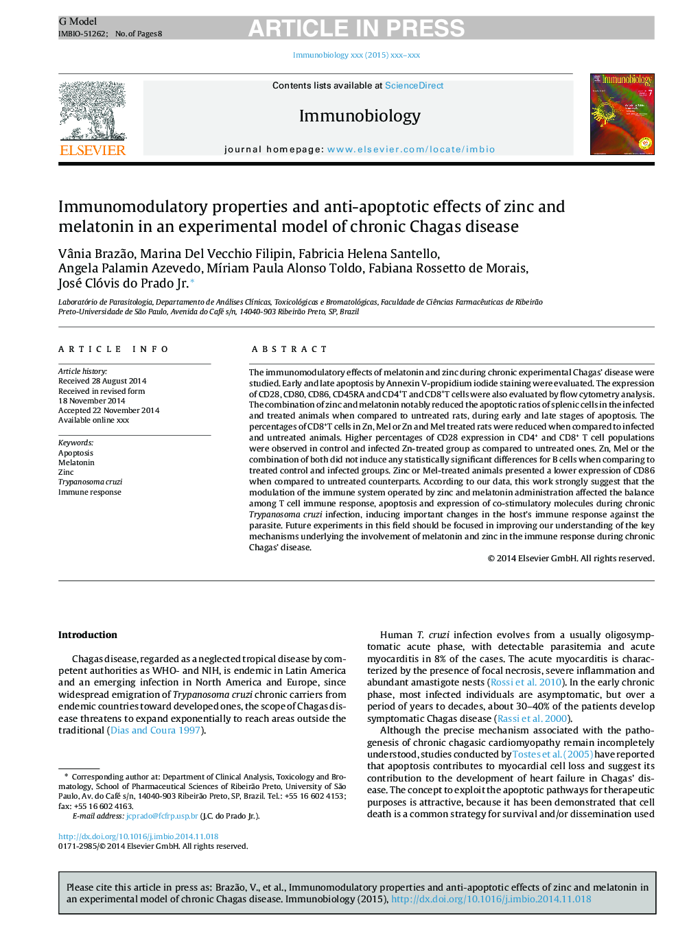 خواص ایمنی سازمانی و اثرات ضد آپوپتوز روی و ملاتونین در یک مدل تجربی از بیماری مزمن چاگاس 