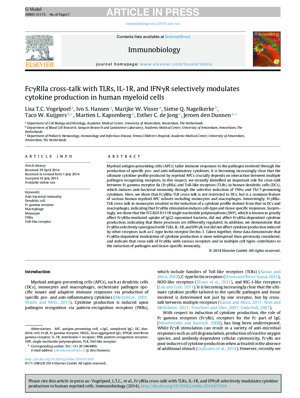 FcÎ³RIIa cross-talk with TLRs, IL-1R, and IFNÎ³R selectively modulates cytokine production in human myeloid cells