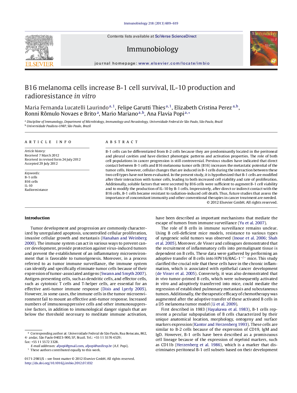 B16 melanoma cells increase B-1 cell survival, IL-10 production and radioresistance in vitro