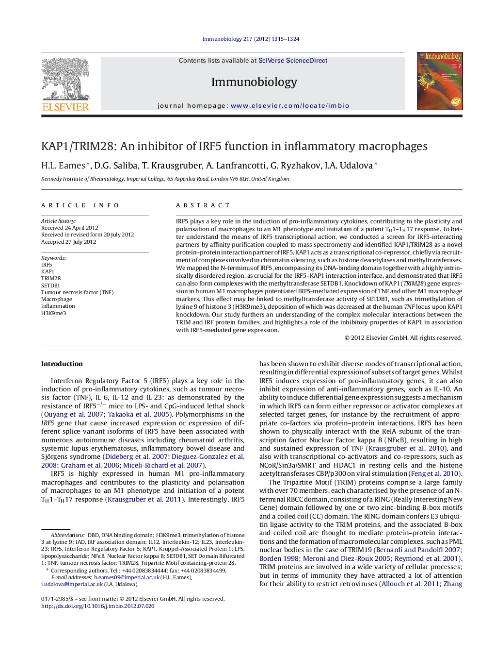 KAP1/TRIM28: An inhibitor of IRF5 function in inflammatory macrophages