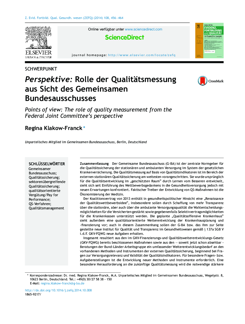 Perspektive: Rolle der Qualitätsmessung aus Sicht des Gemeinsamen Bundesausschusses