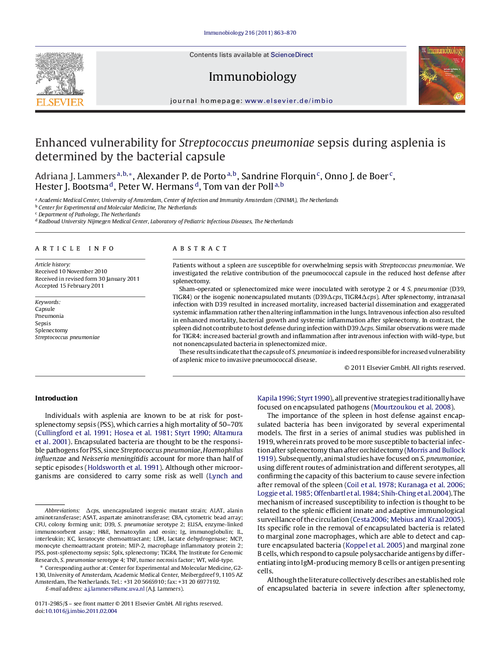 Enhanced vulnerability for Streptococcus pneumoniae sepsis during asplenia is determined by the bacterial capsule