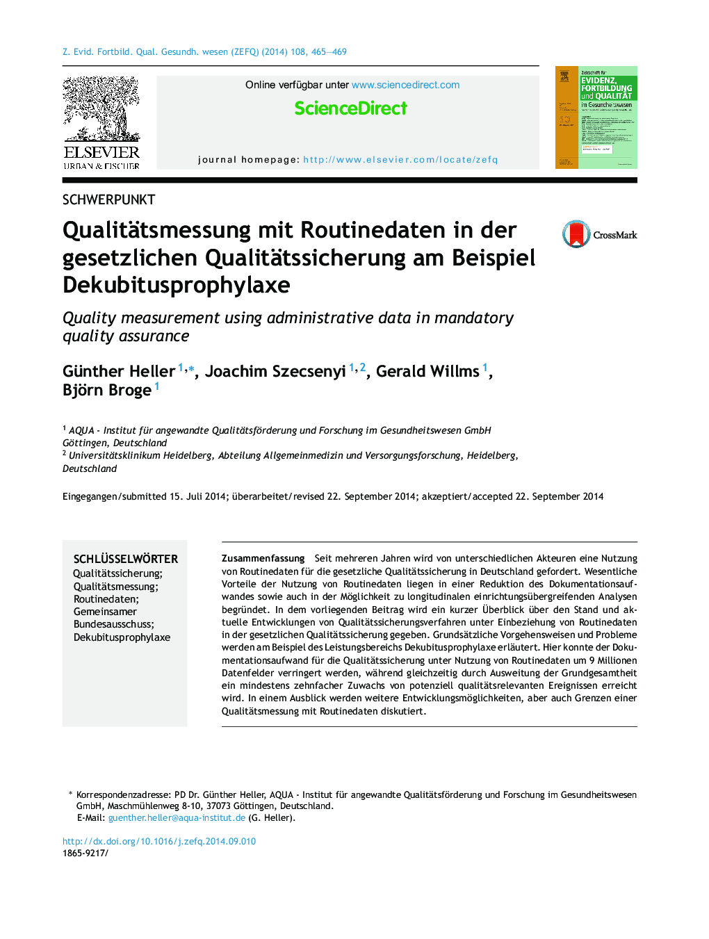 Qualitätsmessung mit Routinedaten in der gesetzlichen Qualitätssicherung am Beispiel Dekubitusprophylaxe