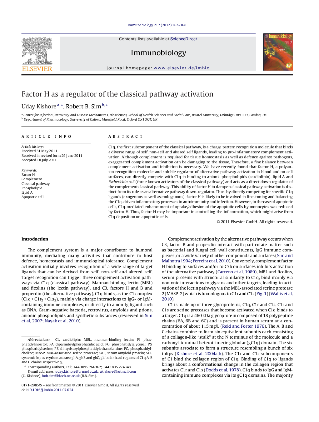 Factor H as a regulator of the classical pathway activation