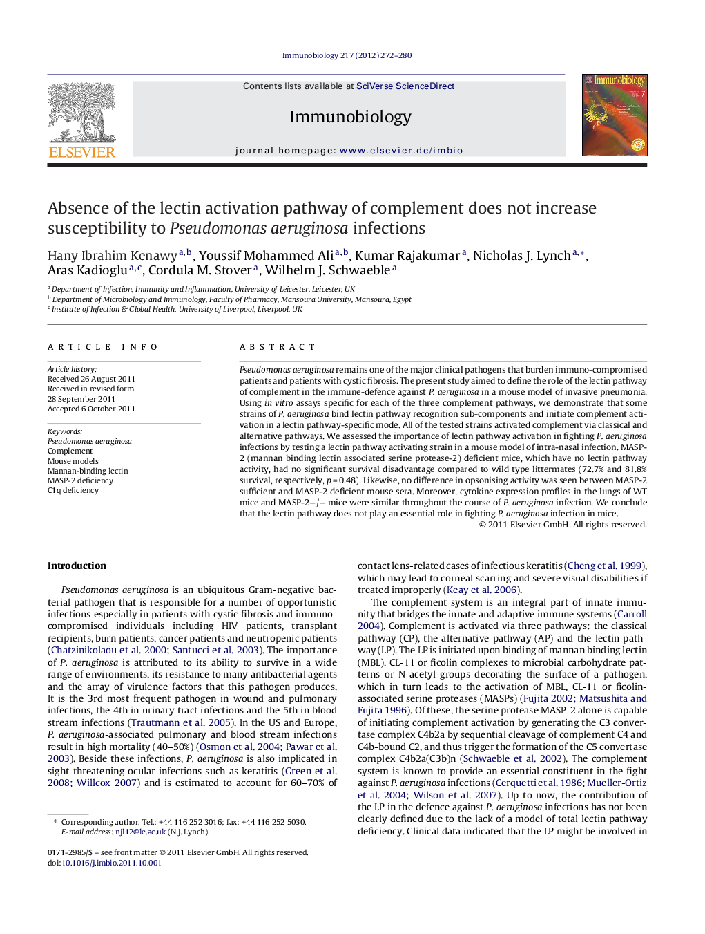 Absence of the lectin activation pathway of complement does not increase susceptibility to Pseudomonas aeruginosa infections