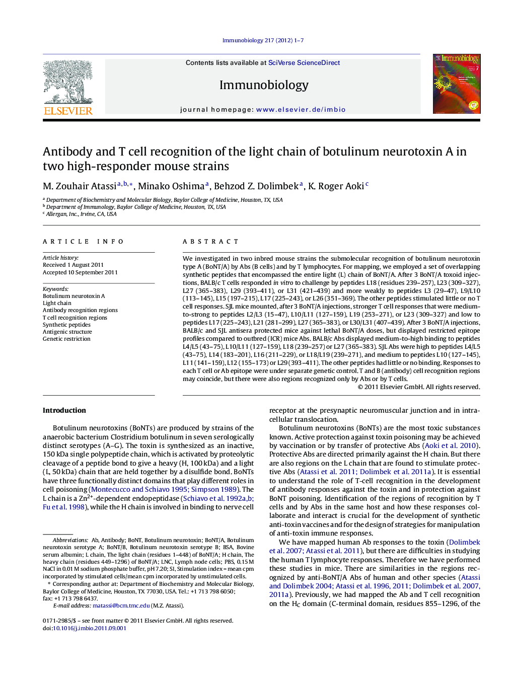 Antibody and T cell recognition of the light chain of botulinum neurotoxin A in two high-responder mouse strains