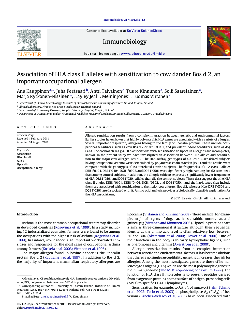 Association of HLA class II alleles with sensitization to cow dander Bos d 2, an important occupational allergen