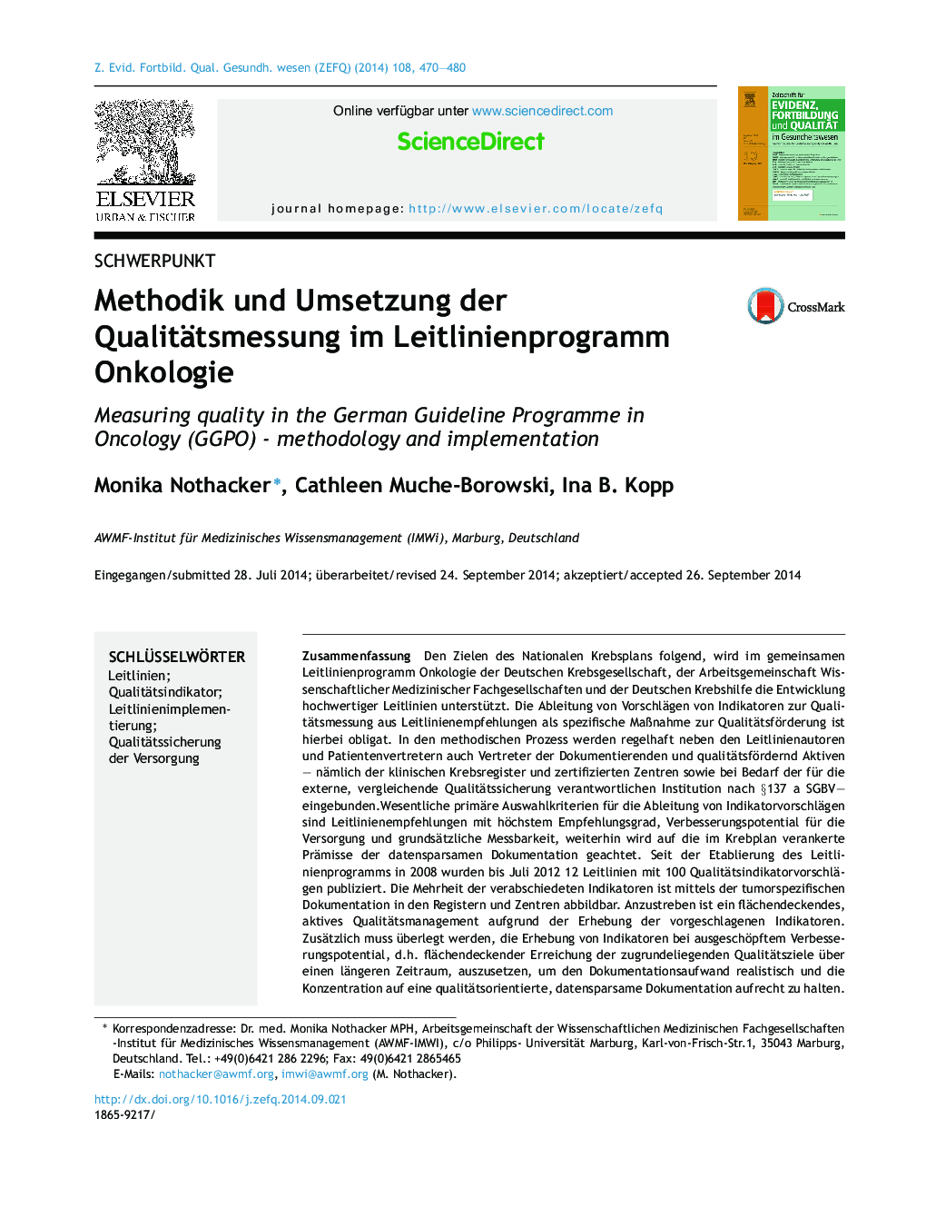Methodik und Umsetzung der Qualitätsmessung im Leitlinienprogramm Onkologie